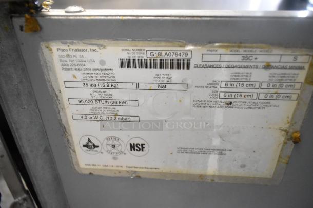 2018 Pitco Frialator 35C deep fryer label, 90,000 BTU, natural gas, stainless steel, commercial use, serial G18LA076479.