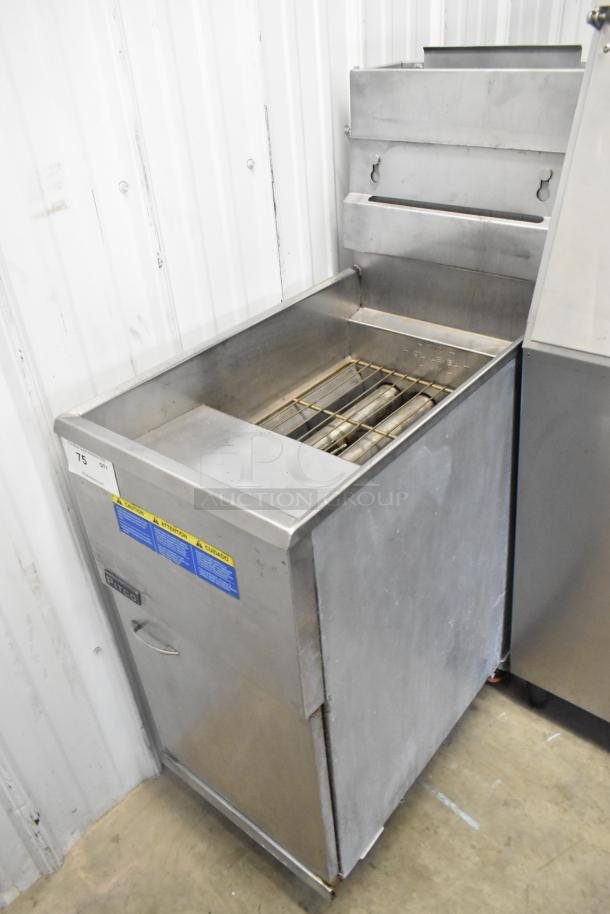 2018 Pitco Frialator 35C stainless steel commercial gas fryer, 90,000 BTU, good condition, visible warning labels.