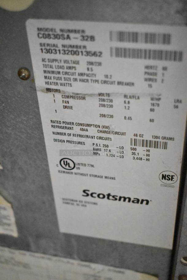 Scotsman C0830SA-32B Prodigy Ice Machine Head, stainless steel, 208/230V, 1 phase, indicates compliance with UL and NSF.