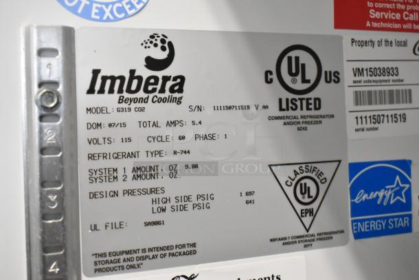 Imbera G319 cooler label showing model, 115 volts, refrigerant type, UL and Energy Star certifications.