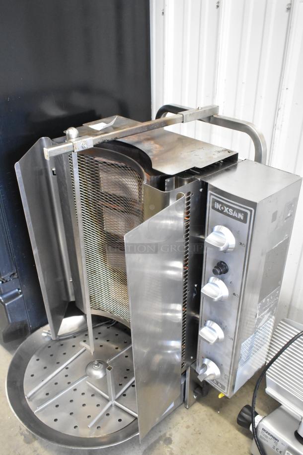 2023 Inoksan PDG400N stainless steel countertop gyro machine, natural gas powered, knobs and drip tray visible, excellent condition.