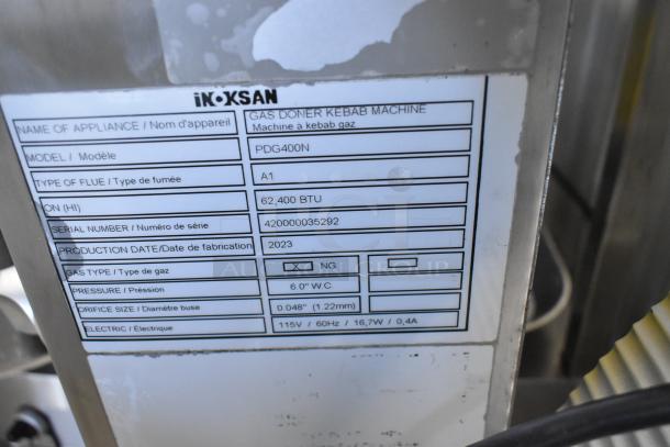 2023 Inoksan PDG400N stainless steel commercial gyro machine, natural gas, 62,400 BTU, model tag visible.
