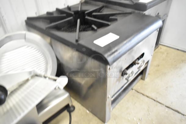 Stainless steel commercial countertop single burner range, gas-powered, heavy-duty construction, suitable for stock pots.