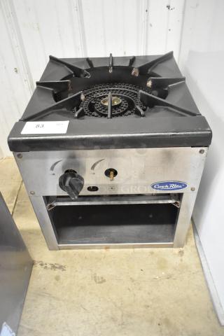 Cook Rite stainless steel commercial countertop single burner stock pot range, gas-powered, used condition, model label visible.