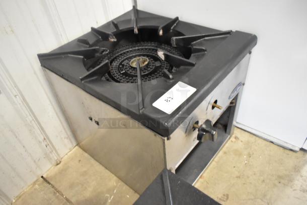 Cook Rite stainless steel commercial countertop gas-powered single burner stock pot range, durable condition, model label visible.