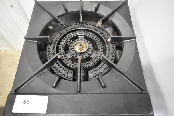 Cook Rite stainless steel commercial countertop single burner stock pot range, gas-powered, in used condition. Tag shows "83 QTY".