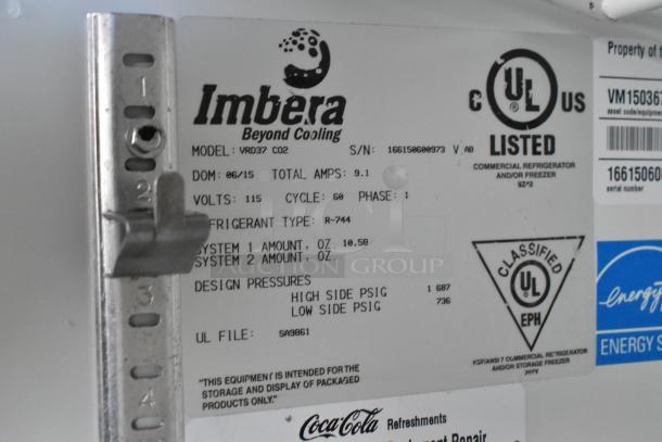 Imbera VRD37 commercial cooler label. Details: 115V, 1 phase, UL listed, refrigerant R-744, total amps 9.1.