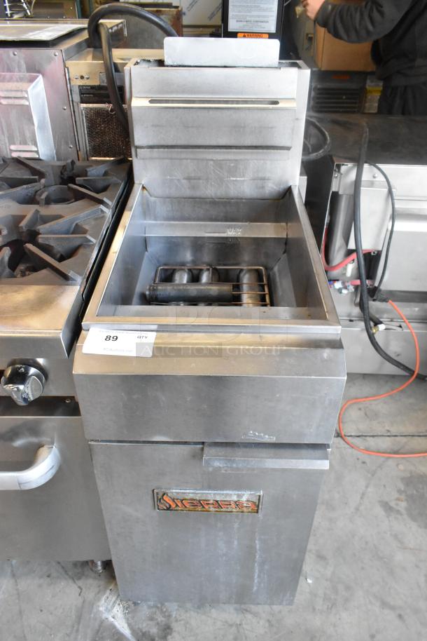 Sierra SRF-35/40NG stainless steel natural gas deep fat fryer, 90,000 BTU, floor style, commercial use, with visible branding.