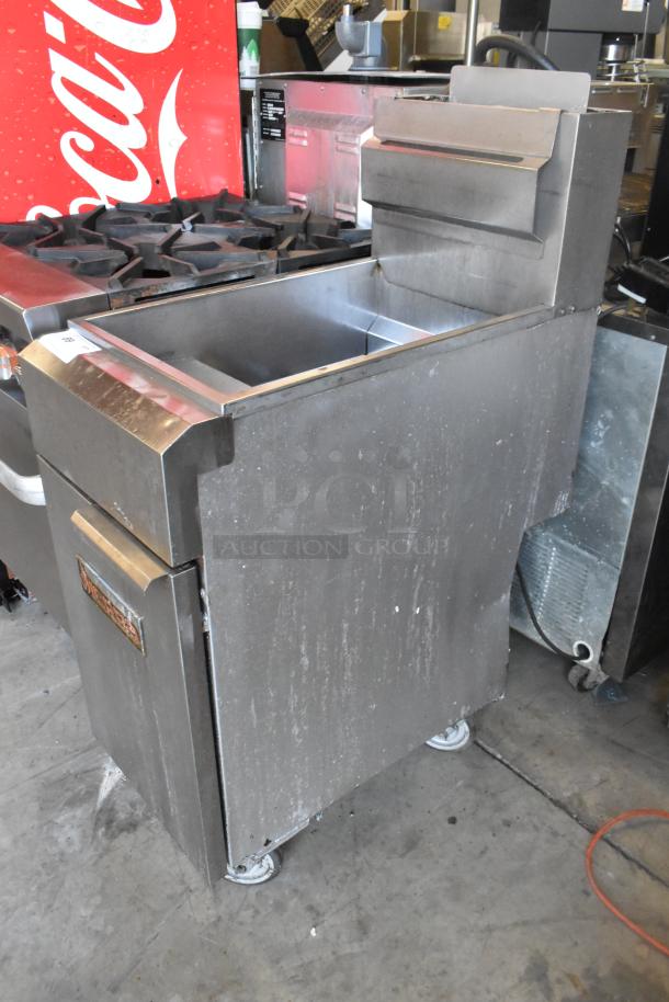 Sierra SRF-35/40NG stainless steel natural gas deep fryer, 90,000 BTU, commercial use, visible wear, floor style.