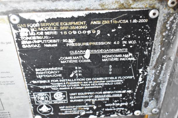 Sierra SRF-35/40NG stainless steel gas fryer, 90,000 BTU, commercial use, showing detailed specification label.