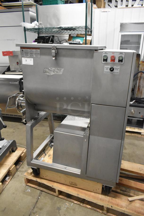 Brand new Pro-Cut KMG-32 metal commercial floor-style #32 meat grinder, 2025 model, on casters, 220V, 3-phase; minor dents.