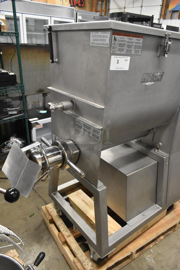 Brand new 2025 Pro-Cut KMG-32 electric meat grinder, #32, commercial casters, 220V, 3 phase, scratch and dent condition.