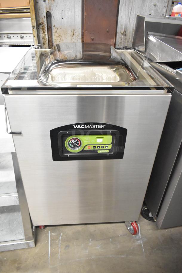 Brand new VacMaster VP540 stainless steel vacuum packaging machine, commercial floor style, two 20" seal bars, on casters.
