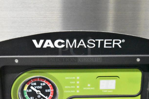 BRAND NEW 2025 VacMaster VP540 chamber vacuum machine, stainless steel, two 20" seal bars, on casters, with gauge display.