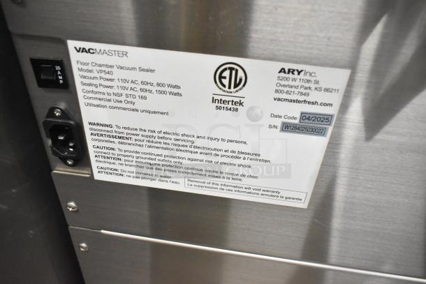 BRAND NEW VacMaster VP540 stainless steel chamber vacuum machine, two 20" seal bars, commercial casters, 110V, 1 Phase.