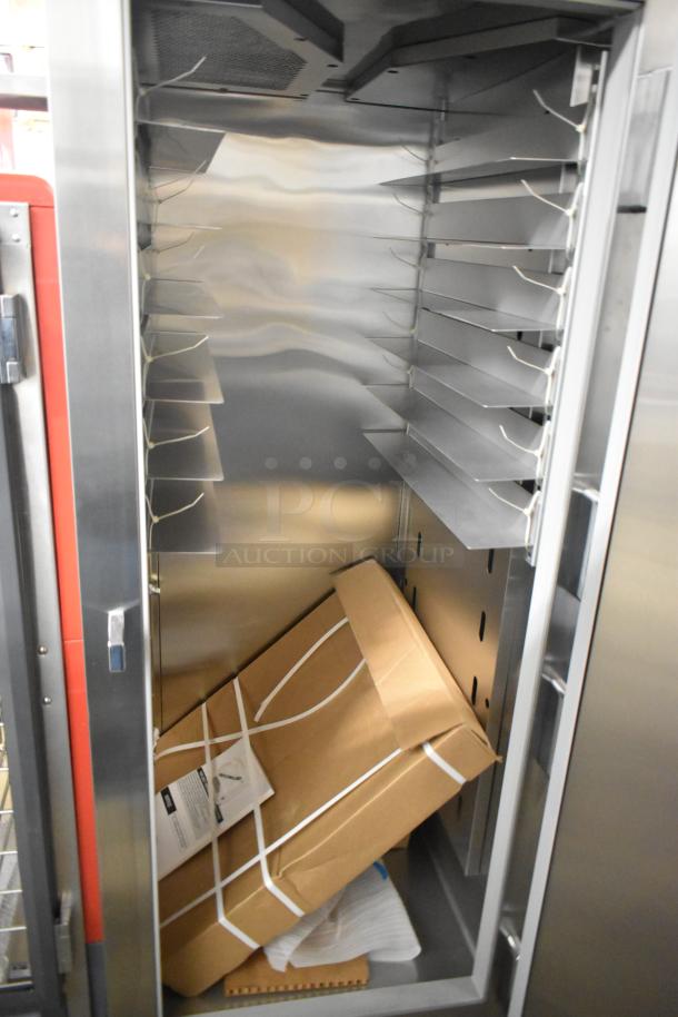 True STR1R-1S-HC cooler, brand new scratch and dent, single door, stainless steel, includes poly-coated racks, on casters.