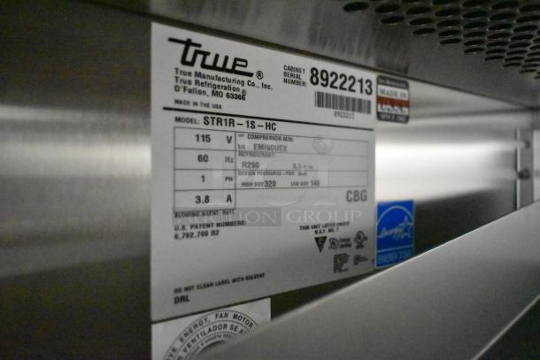 True STR1R-1S-HC stainless steel cooler, brand new, scratch and dent, with poly-coated racks, on commercial casters, 115V.