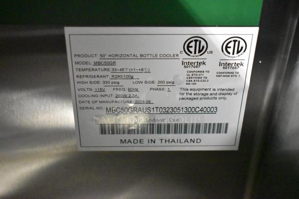 Brand new 2023 Atosa MBC50GR stainless steel back bar cooler with tag; 115V, 1-phase, sliding lids, on casters.
