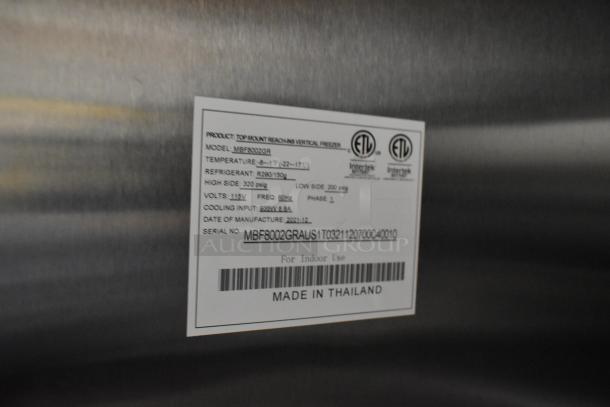 BRAND NEW Atosa MBF8002GR Commercial Freezer label, showing model details, 115V, 1 phase, Made in Thailand.