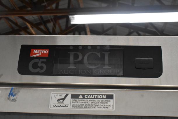 Metro C5 Stainless Steel Proofing Cabinet, model C599-SDC-U, brand new with minor scratches, features clear Dutch doors.