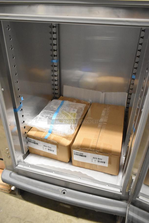 Brand new 2022 Metro C599-SDC-U stainless steel holding/proofing cabinet. Clear Dutch doors, on commercial casters, 120V, 1 Phase.