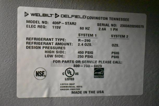 Label on Delfield 406P-STAR2 Cooler. Shows model, electrical requirements, refrigerant type R-290, pressure ratings.