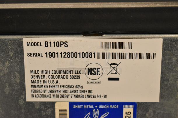 2019 Ice-O-Matic B110PS stainless steel commercial ice bin label, showing model, serial number, and energy efficiency details.