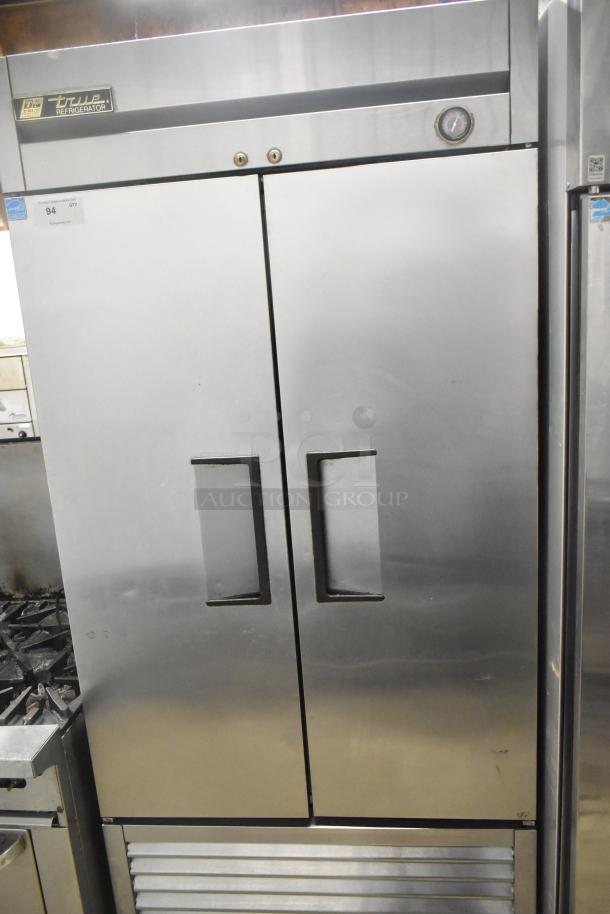 True T-35 Stainless Steel 2 Door Reach In Cooler, poly-coated racks, 115V, 1 phase, commercial use, excellent condition.