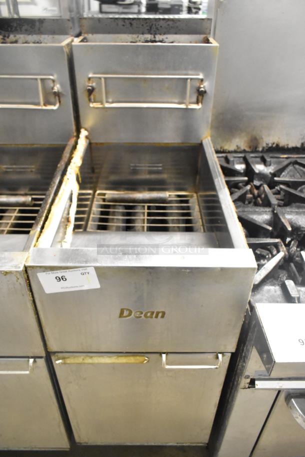 Dean SR42GN stainless steel commercial deep fat fryer, natural gas powered, 105,000 BTU, visible wear, model label displayed.