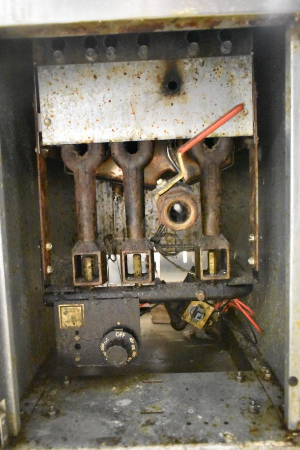 Dean SR42GN stainless steel commercial gas fryer, 105,000 BTU, showing interior components and control dial, used condition.