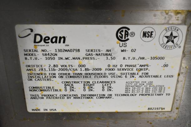 Dean SR42GN stainless steel commercial gas deep fat fryer tag, 105,000 BTU, Series AH, for food service use.