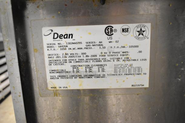 Dean SR42GN stainless steel commercial deep fat fryer, natural gas powered, 105,000 BTU, serial number and labels visible.
