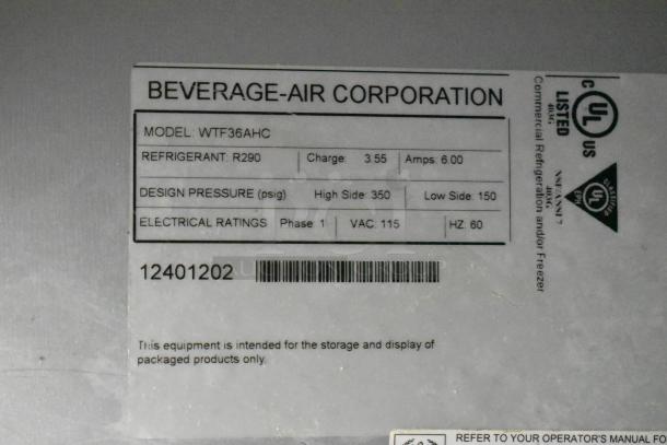 Beverage Air WTF36AHC stainless steel commercial 2-door worktop freezer, 115V, 1 phase; label shows model and specs.