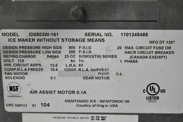 Manitowoc ID0503W-161 ice maker label shows 115V, 1 Phase, R404A refrigerant, UL listed, NSF component, made in USA.