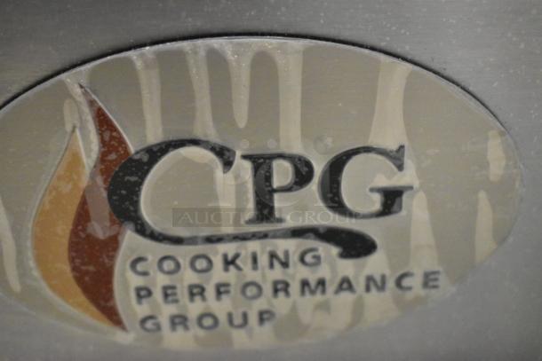 Cooking Performance Group logo on stainless steel, representing the 351FGC100DDN commercial convection oven, 60,000 BTU.