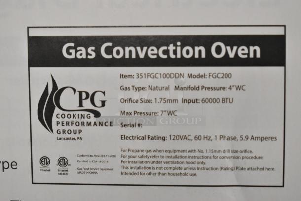 Cooking Performance Group 351FGC100DDN stainless steel convection oven with glass doors, natural gas, 60,000 BTU, thermostatic controls.