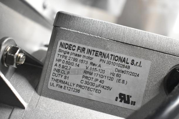 NIDEC FIR International motor label with specs: Type 2799.1573, 0.50/0.14 HP, 115-120V, 1710/1120 RPM, thermally protected.