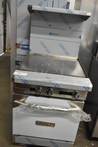 Brand new Royal RR-GT24-1 stainless steel flat top griddle with oven, scratch and dent, over shelf, and back splash.