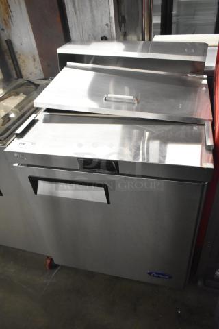 2021 Atosa MSF8301GR stainless steel prep table, bain marie top, commercial casters, 115V, 1 phase, excellent condition.