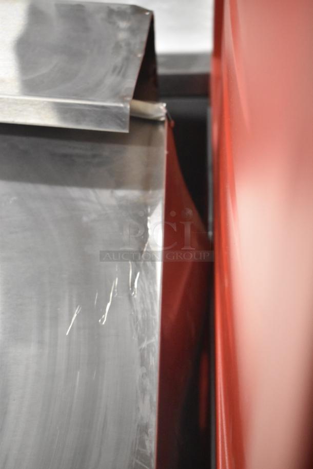 2021 Atosa MSF8301GR stainless steel commercial prep table, Mega Top, on casters. 115V, 1 Phase. Dent visible.