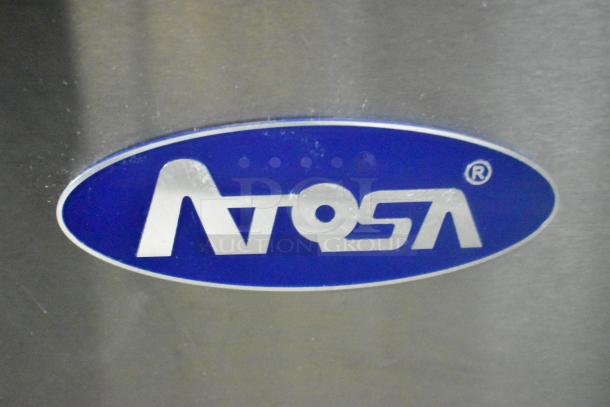 Atosa logo on stainless steel surface of the 2021 MSF8301GR sandwich salad prep table.