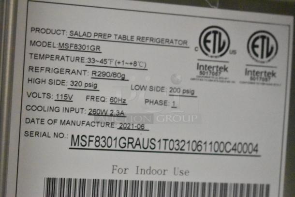 2021 Atosa MSF8301GR stainless steel prep table for sale. Features R290 refrigerant, 115 volts, and ETL certification.