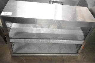 Broaster metal commercial 2-tier warming display case merchandiser, 115 volts, 1 phase. Features stainless steel construction.