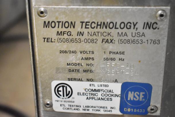Auto Fry FFG-10 stainless steel ventless fryer plate, 208/240V, 1 phase, ETL and NSF certified, Model FFG-10, Date MFG SEPT-94.