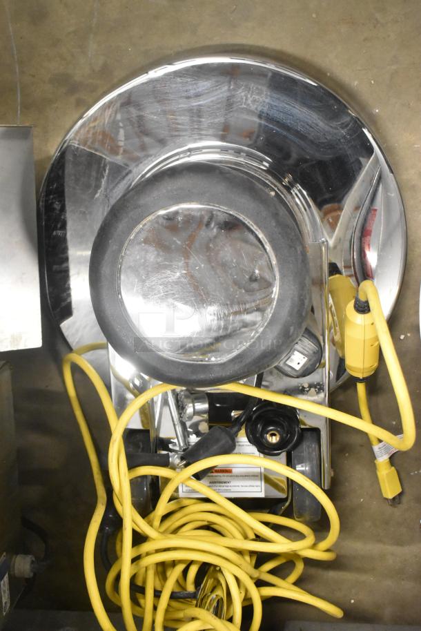 Brand new Lavex metal floor burnisher, 115 volts, 1 phase, with minor scratches. Includes yellow power cord.