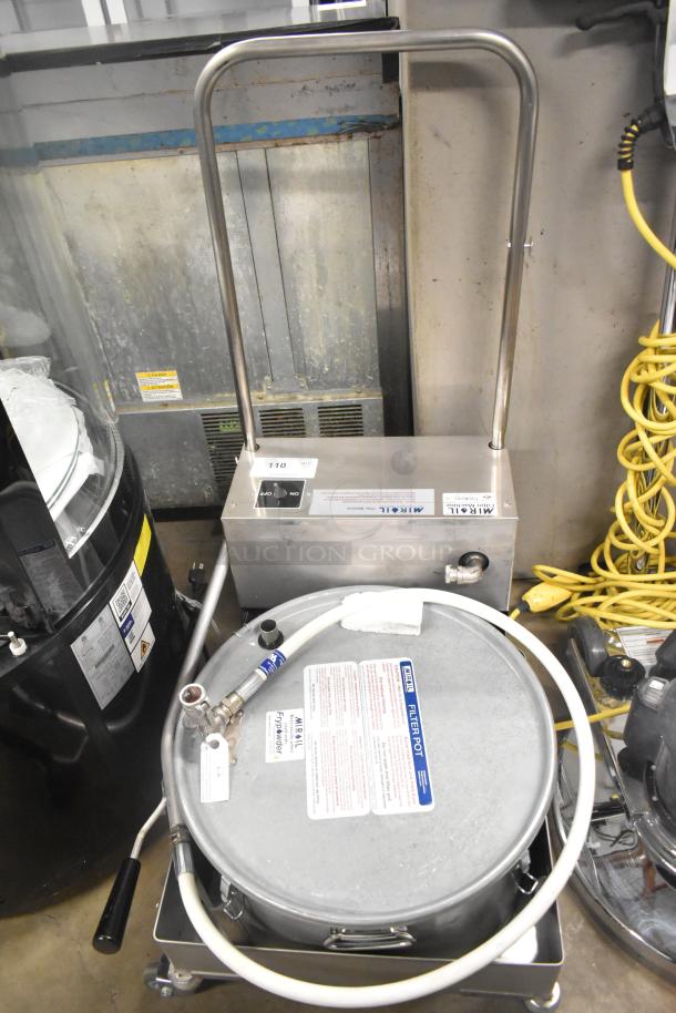 Miroil 75 lb. electric fryer oil filter machine, new scratch and dent, features 1-way pump, 120V, 1 phase. Labels intact.