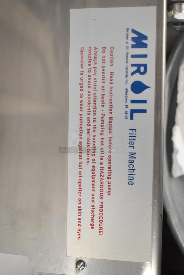 Miroil 75 lb. electric portable fryer oil filter, new scratch and dent condition, with 1-way pump, 120V, 1 Phase. Label warns of hazards.
