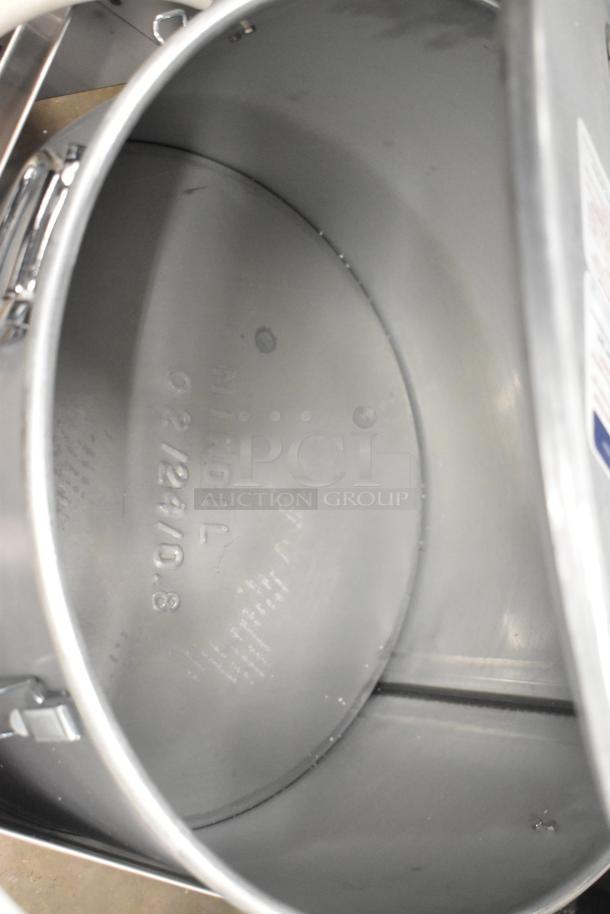 Brand new Miroil 75 lb. electric fryer oil filter machine, inside view, stainless steel, 1-way pump, 120V, minor scratches.