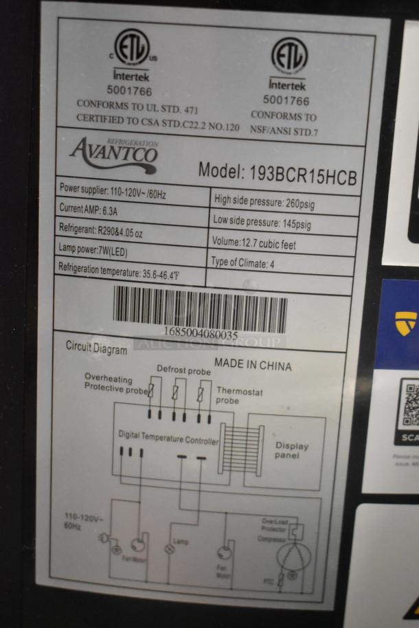 Avantco 193BCR15HCB display case label; 110-120V, 12.7 cu ft; missing glass pane; brand new scratch and dent condition.