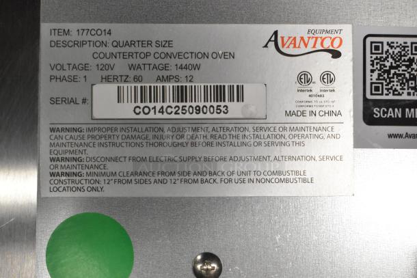 BRAND NEW Avantco 177CO14 stainless steel countertop convection oven, 0.8 cu. ft., 120V, 1 Phase, with tags.